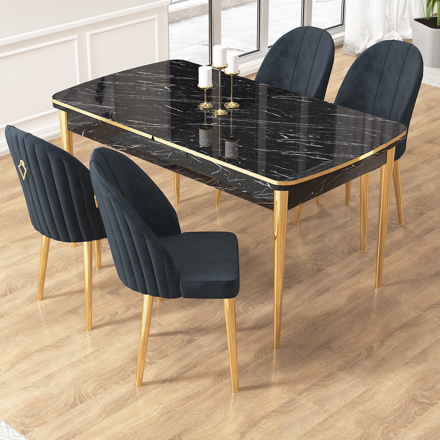 Edaf Serisi 80x132 Açılabilir Gold Detay Siyah Mermer Desen Masa Takımı ve 4 Sandalye