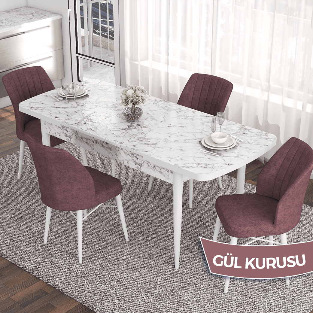 masa beyaz mermer desen sandalye gülkurusu