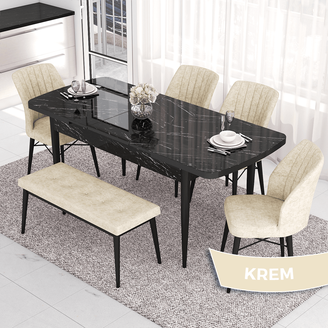 Eva Serisi 80x132 Açılabilir Mdf Siyah Mermer Desen Masa Takımı 4 Sandalye Ve 1 Bench