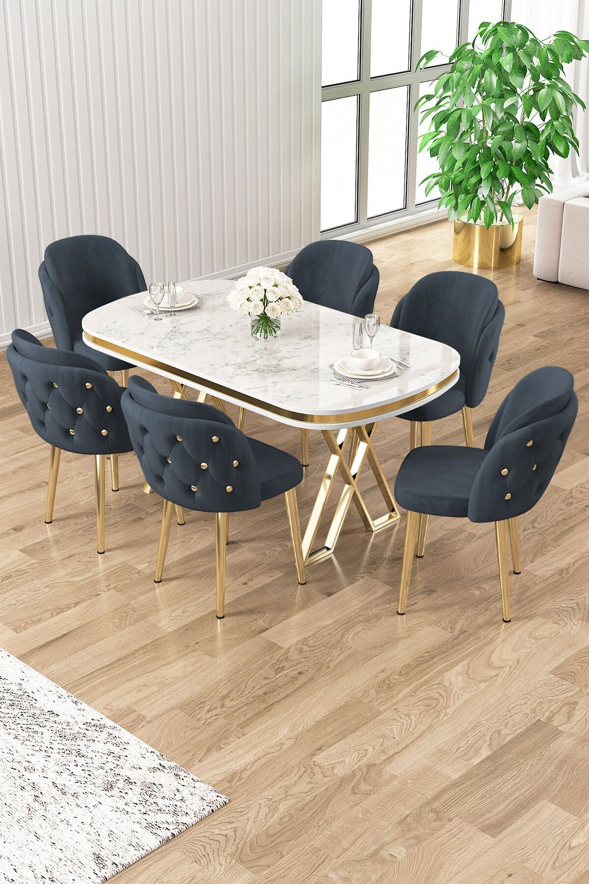 Zae Serisi 90x168 Lak Panel Beyaz Mermer Desen Masa ve 6 Sandalye Gold Kaplama Ayak