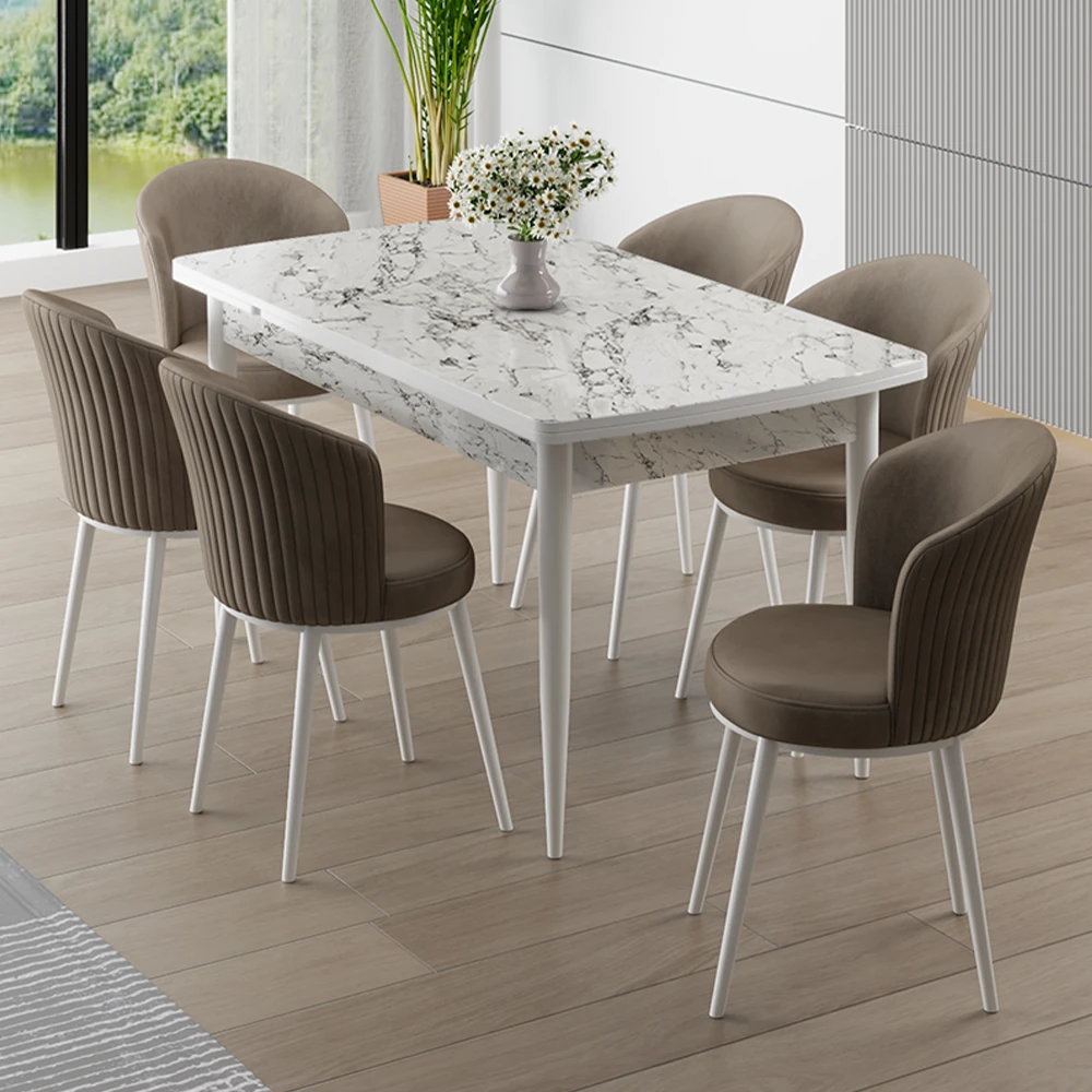 Asfel Serisi MDF 77x130 Beyaz Mermer Desen Yandan Açılabilir Mutfak Masası Takımı 6 Sandalye