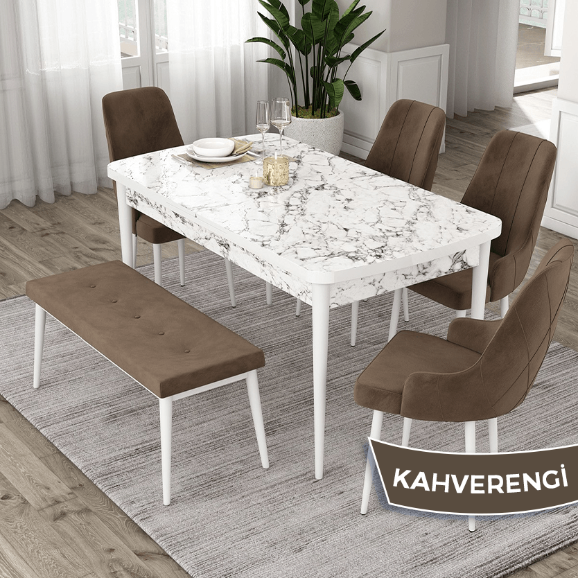 Eta Serisi 80x132 Açılabilir Beyaz Mermer Desen Masa Takımı 4 Sandalye Ve 1 Bench