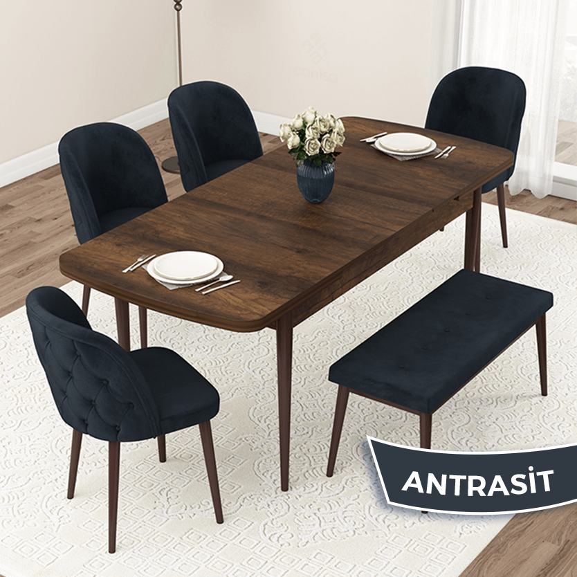 Jae Serisi 80x132 Açılabilir Barok Ahşap Desen Masa Takımı 4 Sandalye Ve 1 Bench