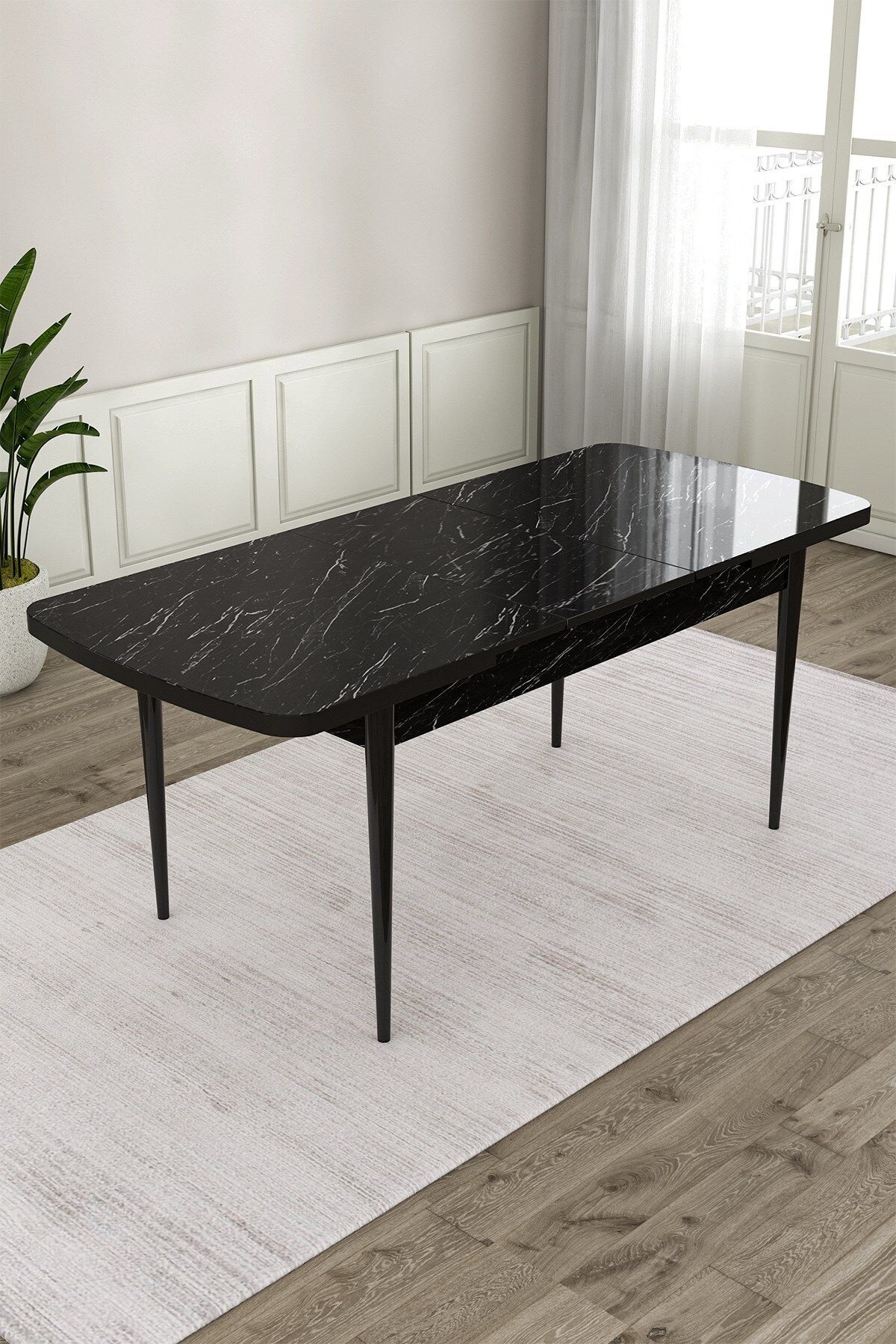 Exve Serisi 80x132 Açılabilir Siyah Mermer Desen Masa Takımı ve 6 Sandalye