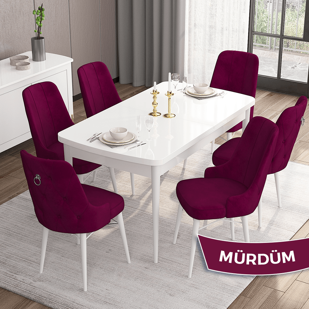 Are Serisi 80x132 Mdf Açılabilir Gümüş Halka Beyaz Masa Takımı Ve 6 Sandalye