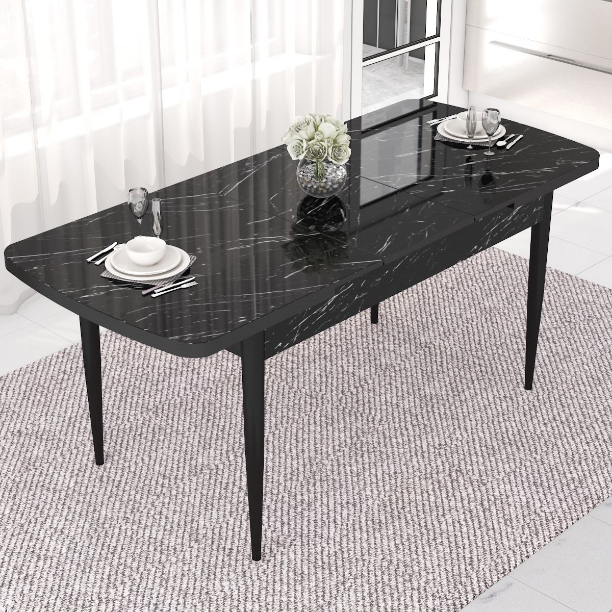 Nef Serisi 70x114 Açılabilir Mdf Siyah Mermer Desen Masa Takımı ve 6 Sandalye