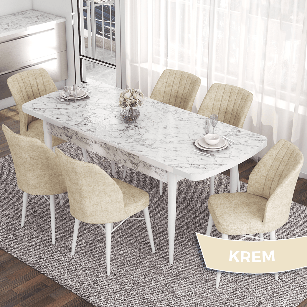 Eva Serisi 80x132 Açılabilir Mdf Beyaz Mermer Desen Masa Takımı Ve 6 Sandalye