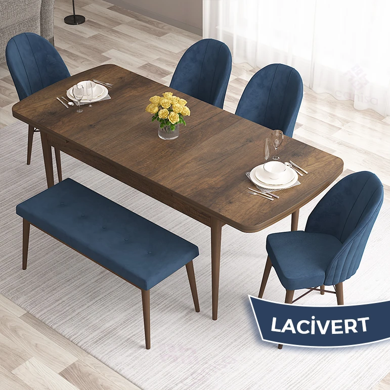 barok ahşap desen masa lacivert sandalye