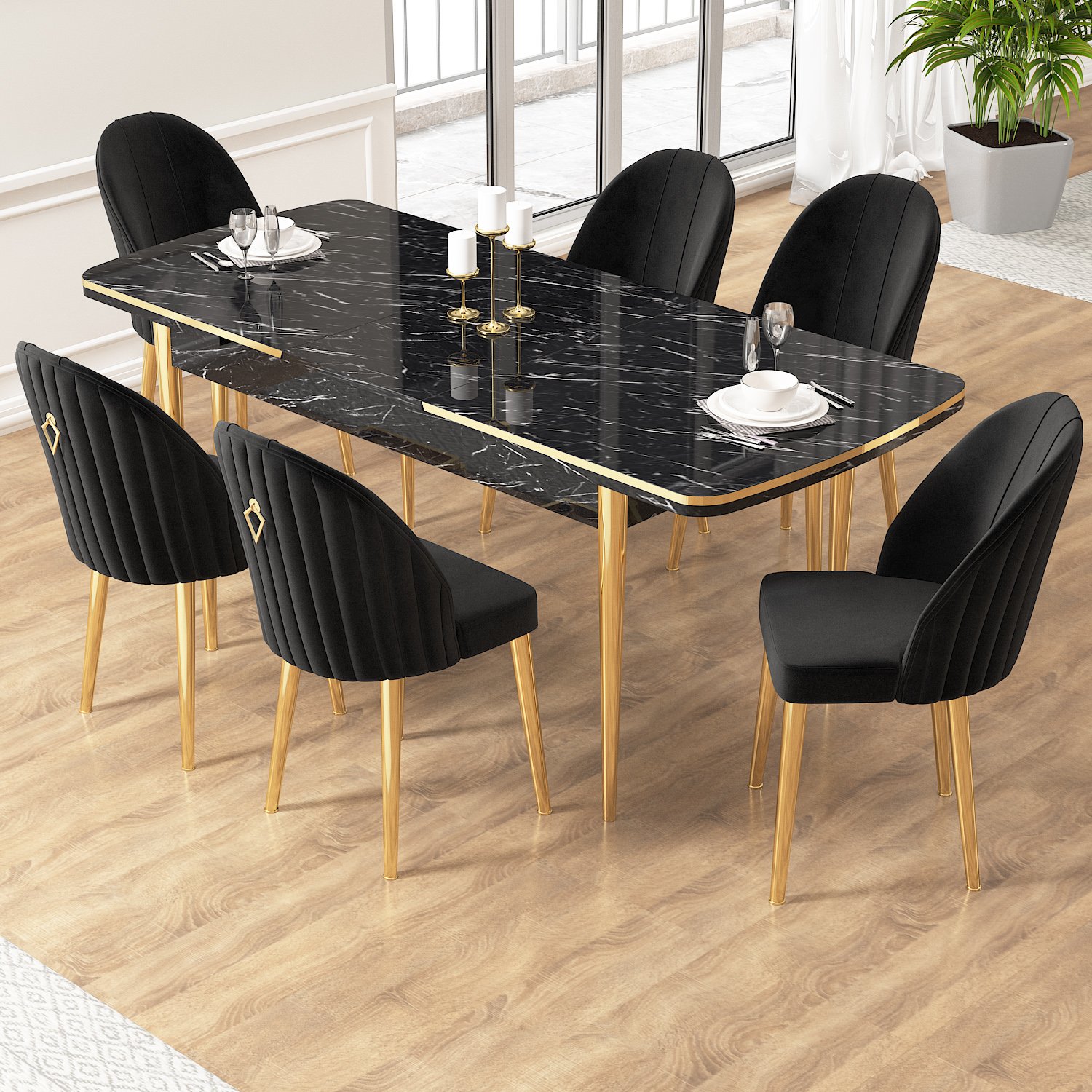 Edaf Serisi 80x132 Açılabilir Gold Detay Siyah Mermer Desen Masa Takımı ve 6 Sandalye