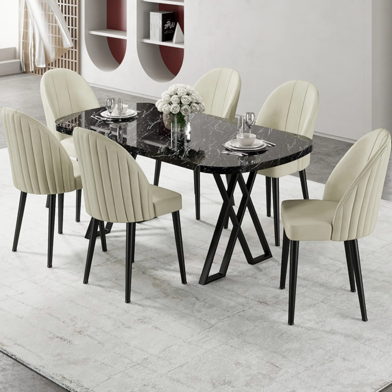 Siyah Mermer Desen Masa Krem Sandalye