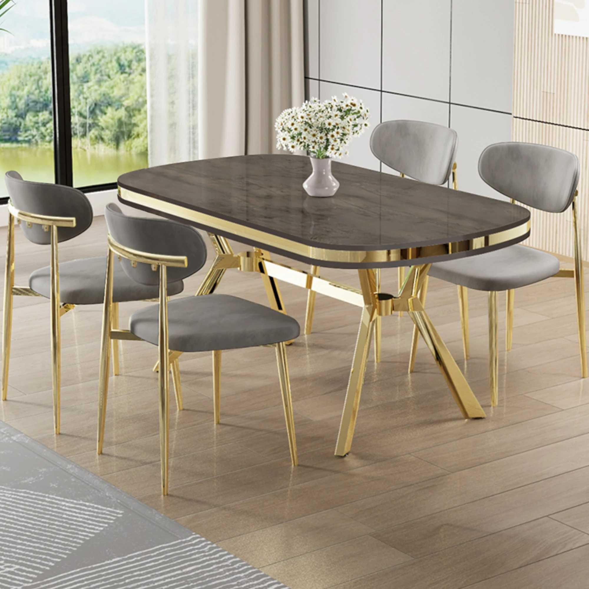 Antrasit İroni Masa Gri Sandalye Gold Ayak