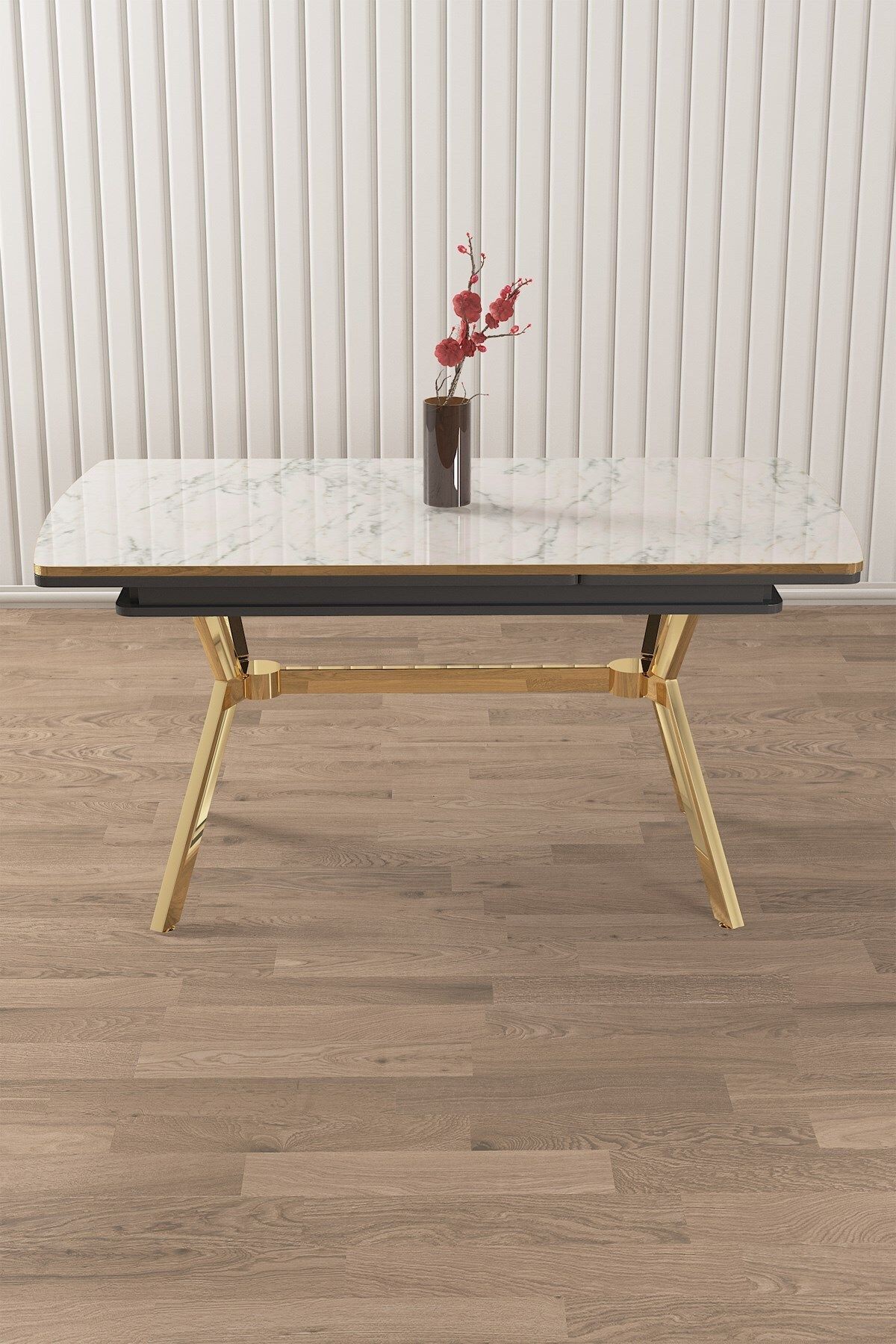 Beyaz Mermer Desen 89x150 Açılabilir Lak Panel Yemek Masası Gold Ayak