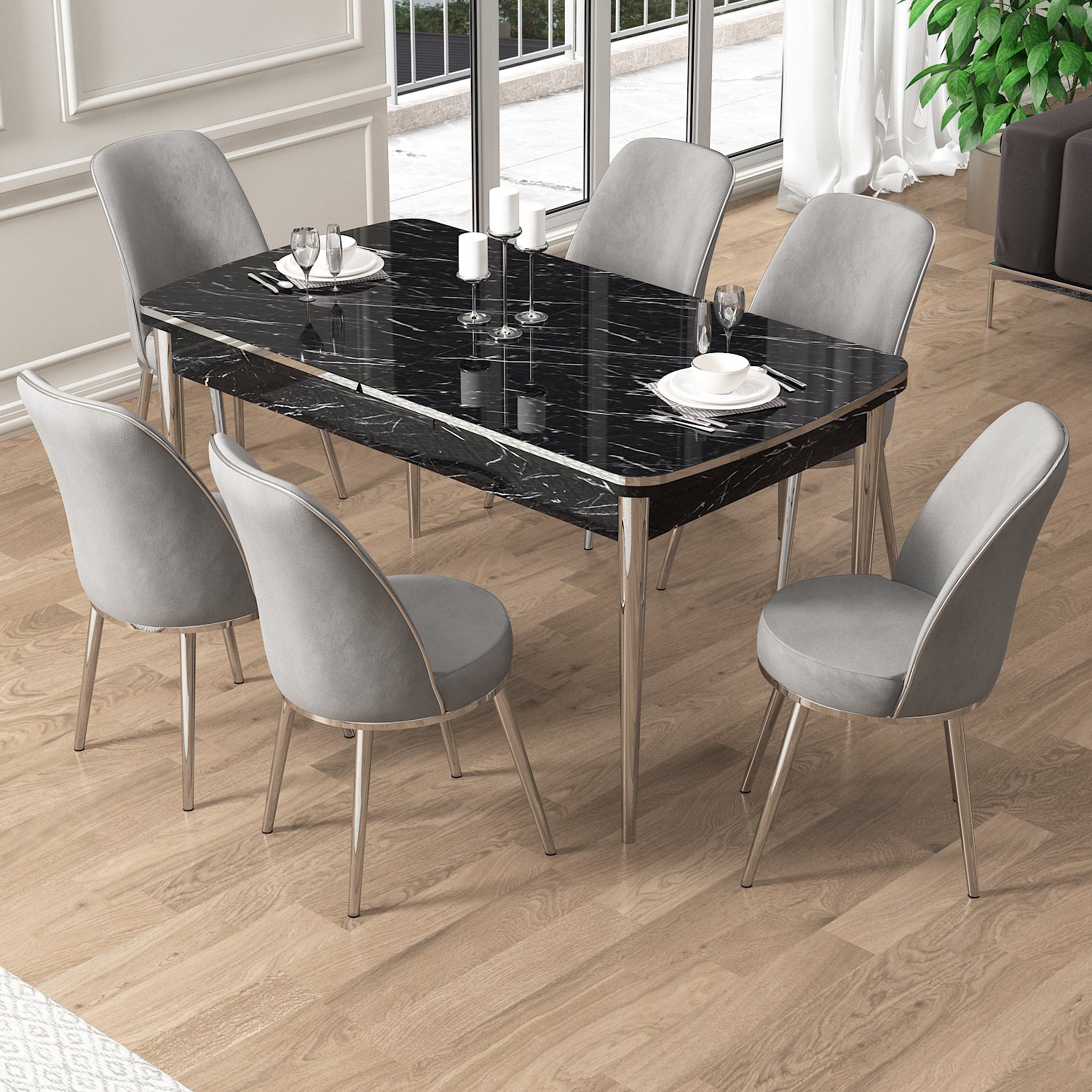 Pale Serisi 80x132 Açılabilir Siyah Mermer Desen Krom Detay Masa Takımı ve 6 Sandalye