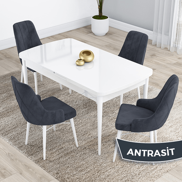 Kar Serisi 80X132 Mdf Açılabilir Beyaz Masa Takımı Ve 4 Sandalye