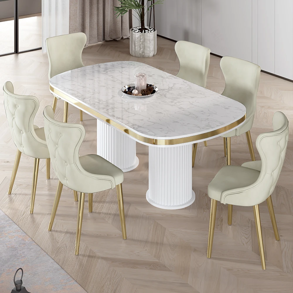 Krem Sandalye Beyaz Mermer Desen Masa