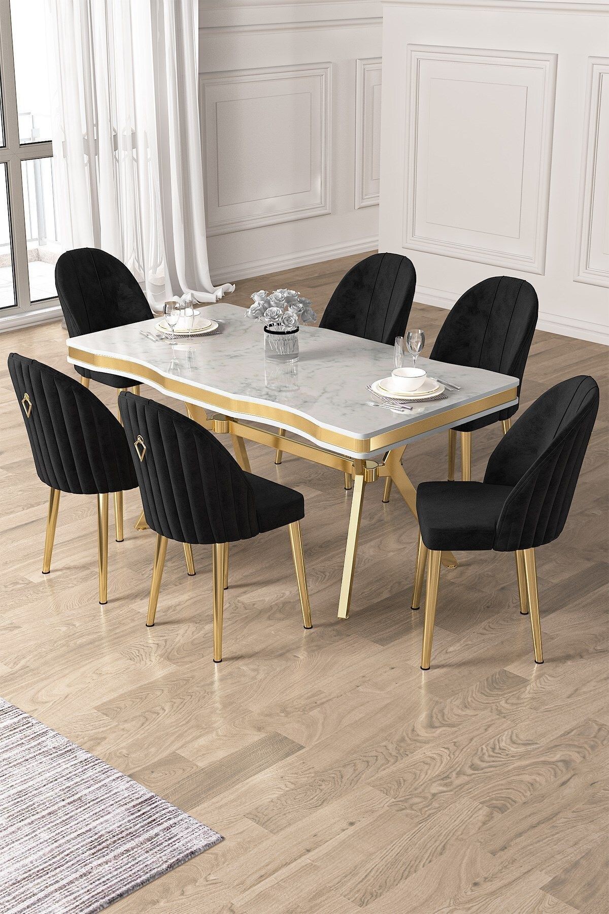 Pem Serisi 90x160 Lak Panel Beyaz Mermer Desen Gold Ayak Masa Takımı 6 Siyah Sandalye