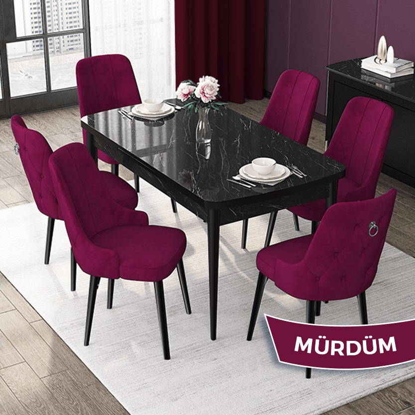 Mürdüm Sandalye Siyah Mermer Desen Masa
