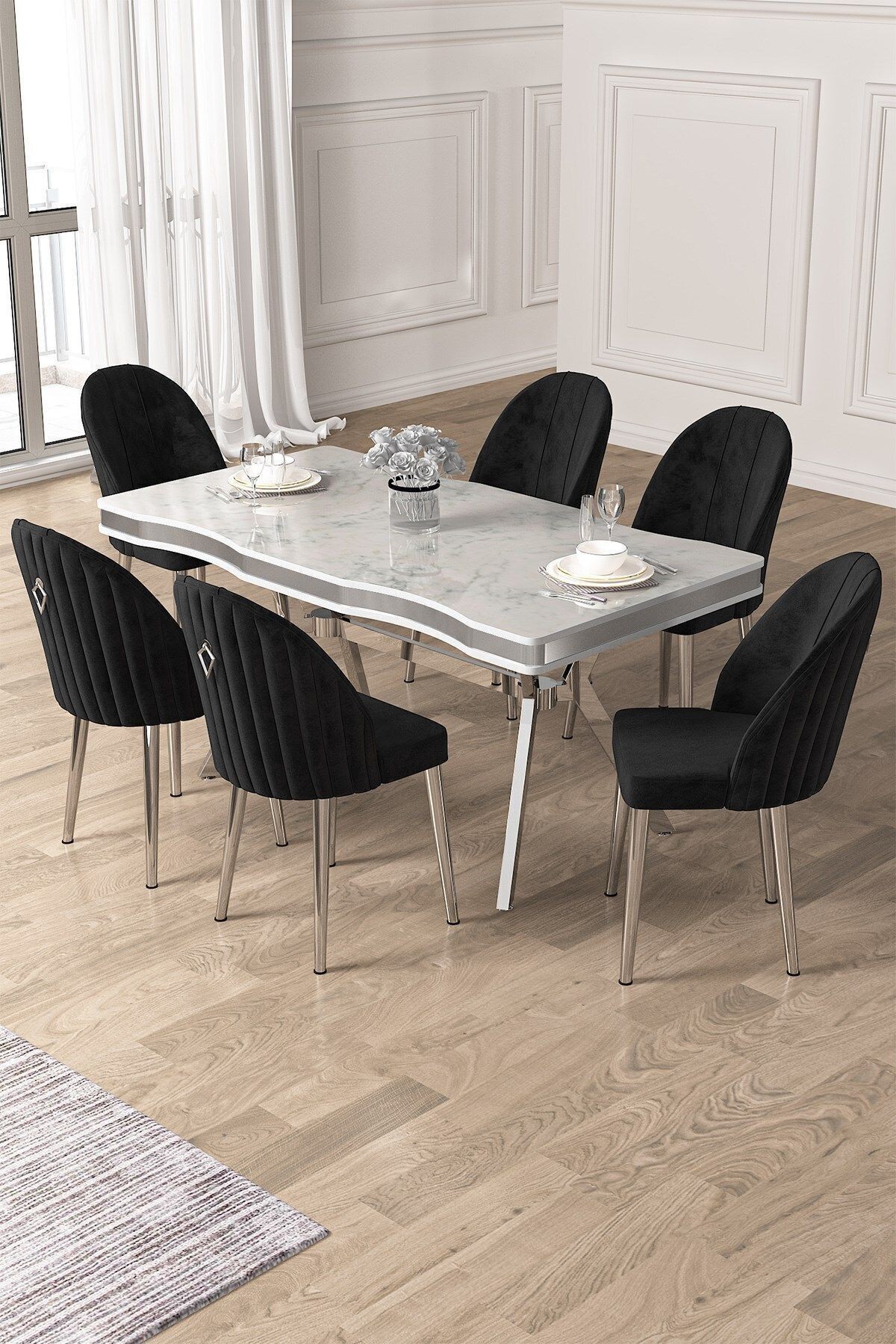 Pem Serisi 90x160 Lak Panel Beyaz Mermer Desen Krom Ayak Masa Takımı 6 Siyah Sandalye