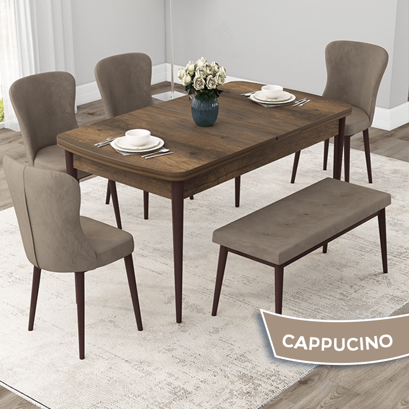 Due Serisi 80x132 Açılabilir Barok Ahşap Desen Masa Takımı 4 Sandalye Ve 1 Bench