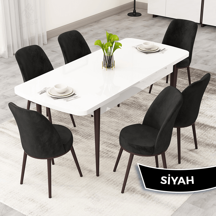 beyaz masa ayakları ceviz sandalye siyah