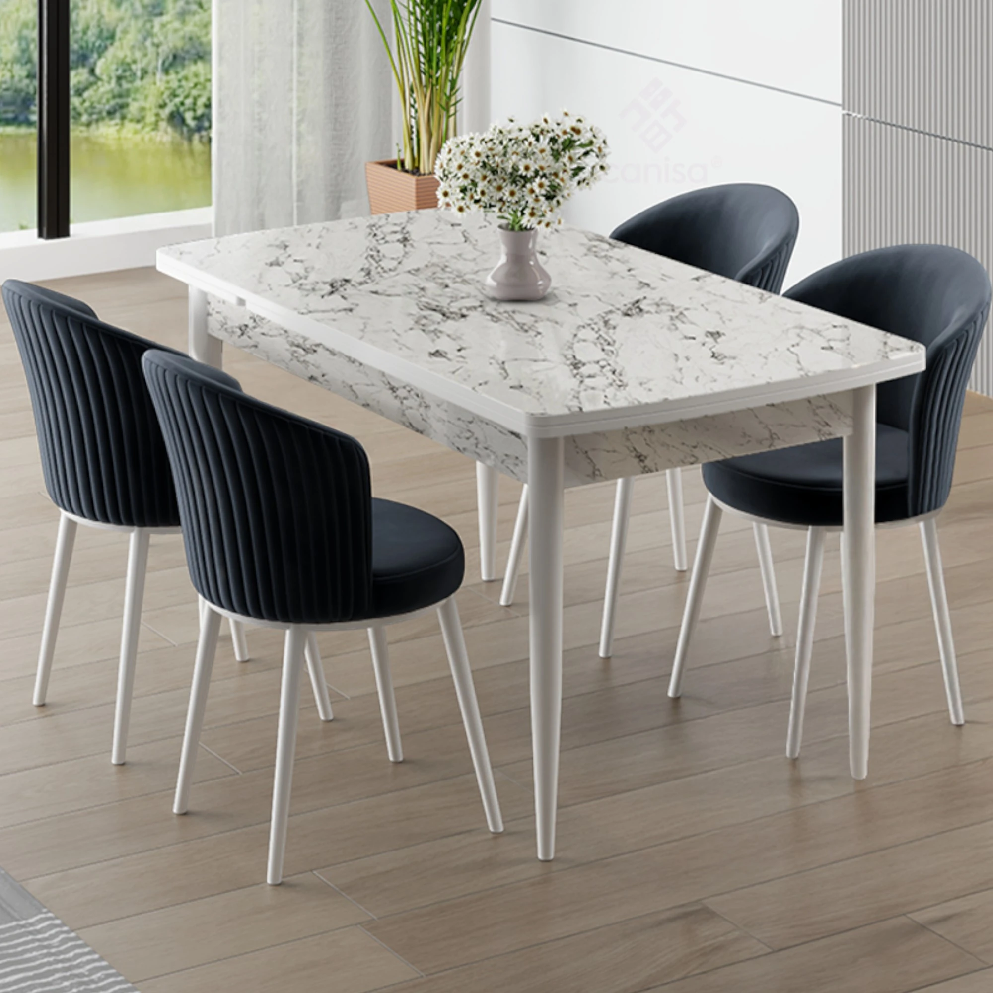  Asfel Serisi MDF 77x130 Beyaz Mermer Desen Yandan Açılabilir Mutfak Masa Takımı 4 Sandalye