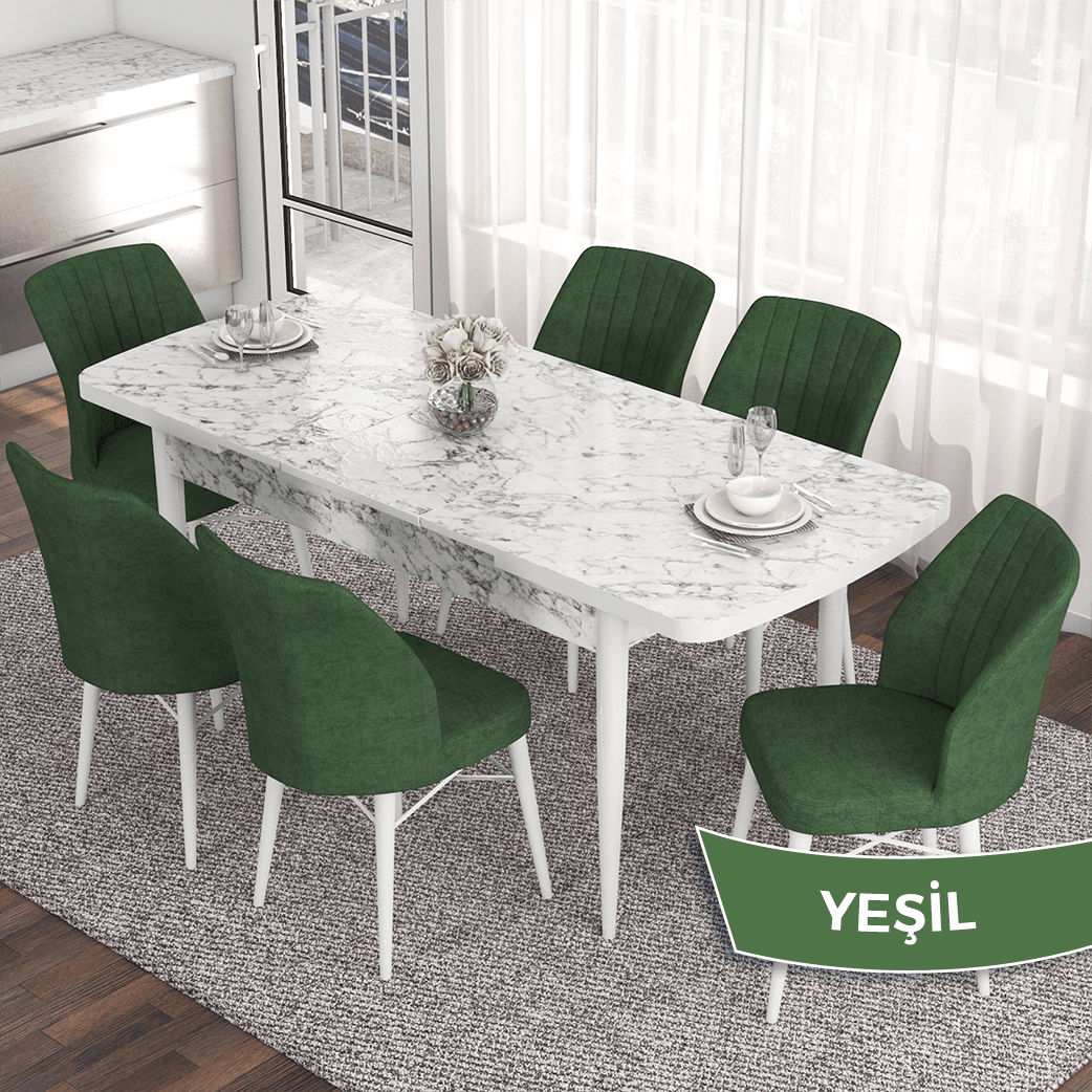 masa beyaz/sandalyeler haki yeşili