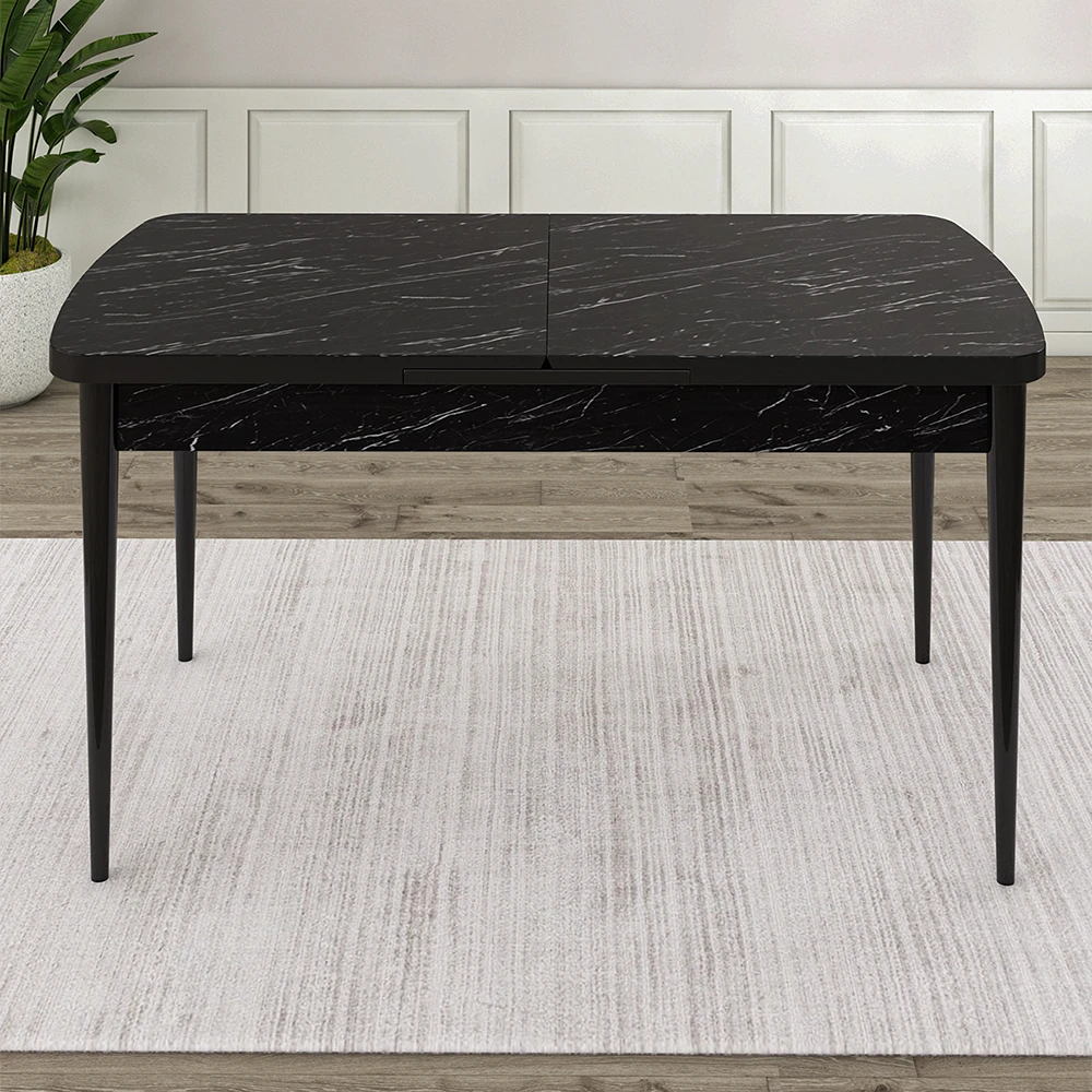 Are Serisi 80x132 Mdf Açılabilir Gold Halka Siyah Mermer Desen Masa Takımı 4 Sandalye Ve 1 Bench