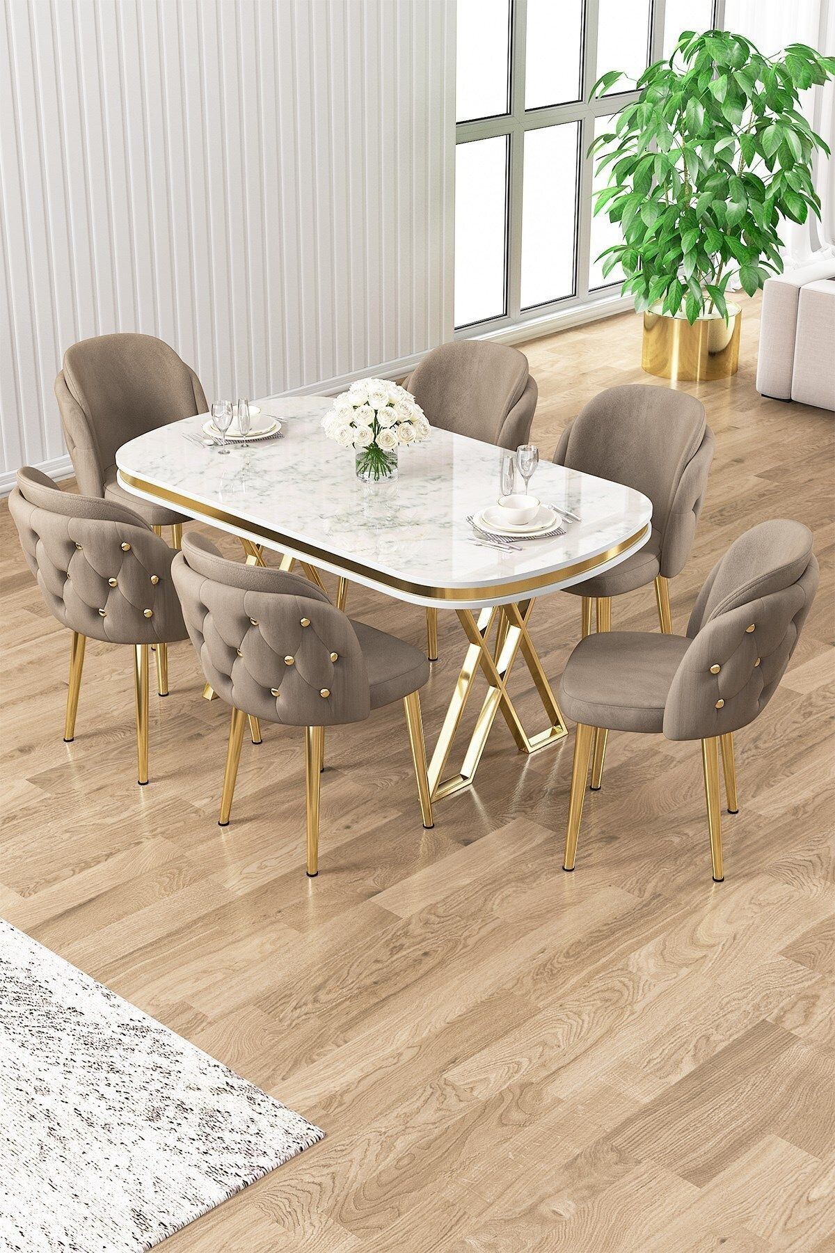 Sandalye Cappucino Masa Beyaz Mermer Desen