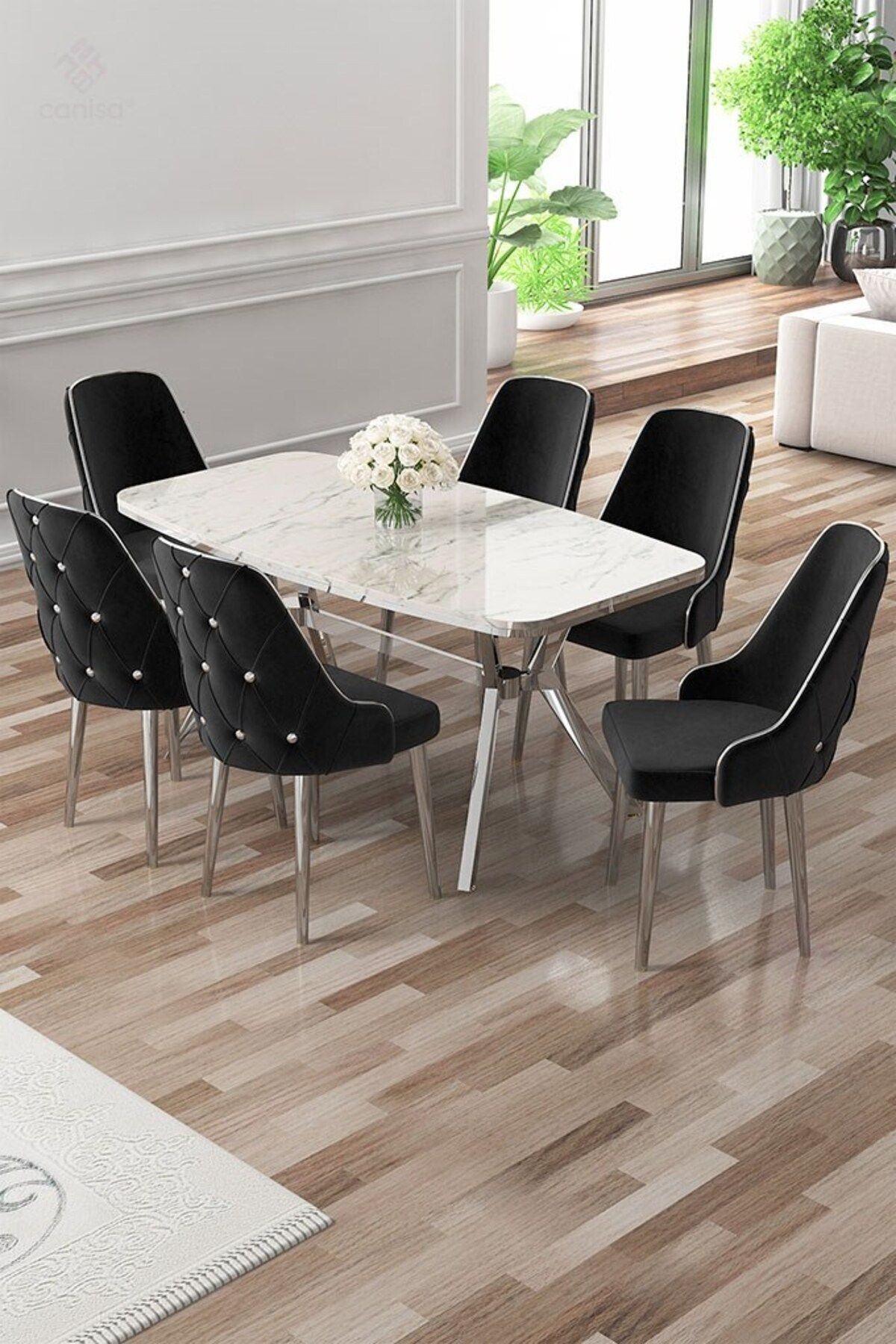 Asel Serisi 90x160 Lak Panel Beyaz Mermer Desen Masa ve 6 Sandalye Krom Kaplama Ayak