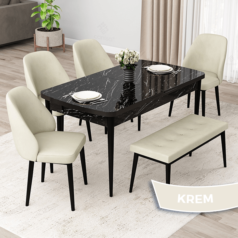 Orf Serisi 80x132 Açılabilir Siyah Mermer Desen Masa Takımı 4 Sandalye Ve 1 Bench