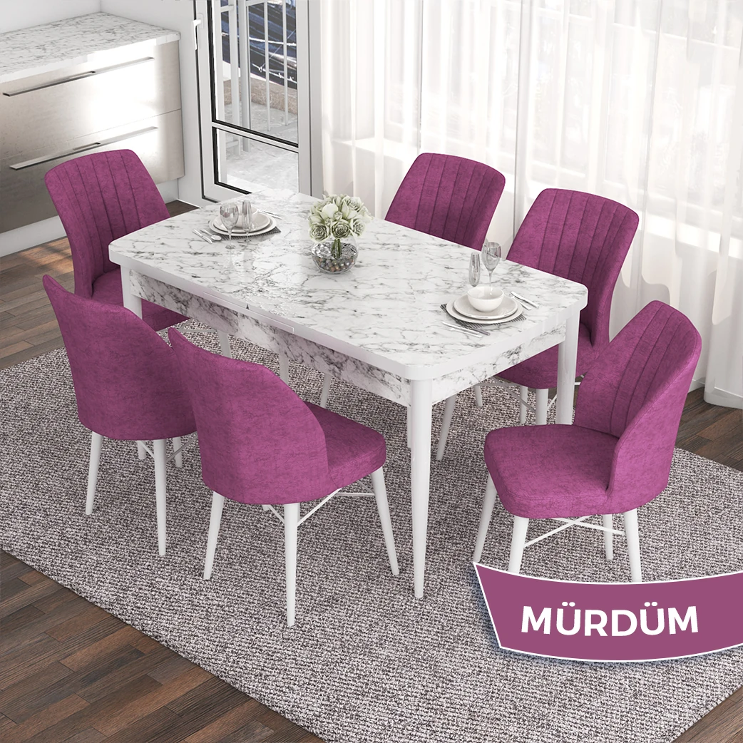 Beyaz Mermer Desen Masa / Mor Sandalye