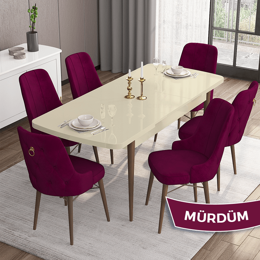 Are Serisi 80x132 Mdf Açılabilir Gold Halka Krem Masa Ceviz Ayak Masa Takımı Ve 6 Sandalye