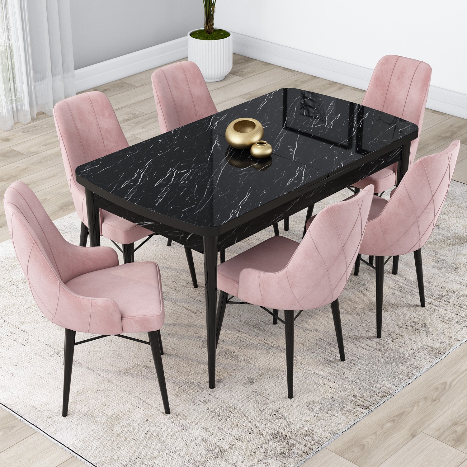 Sandalye Pembe Siyah Mermer Desen Masa