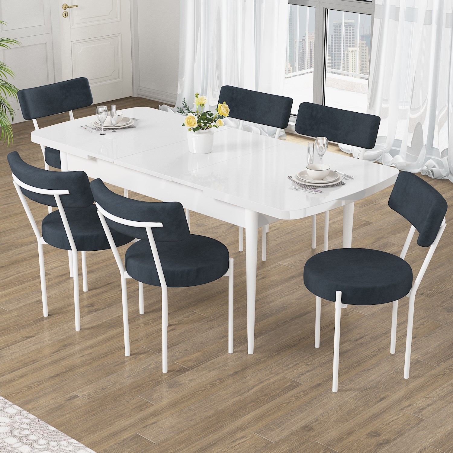 Puka Serisi 80x132 Açılabilir Beyaz Masa Takımı ve 6 Sandalye