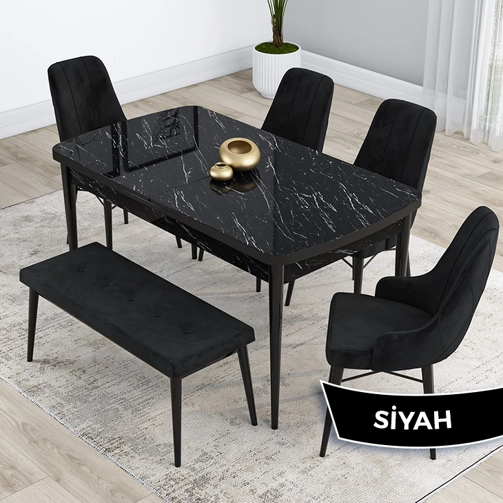 Siyah Sandalye Siyah Mermer Desen Masa