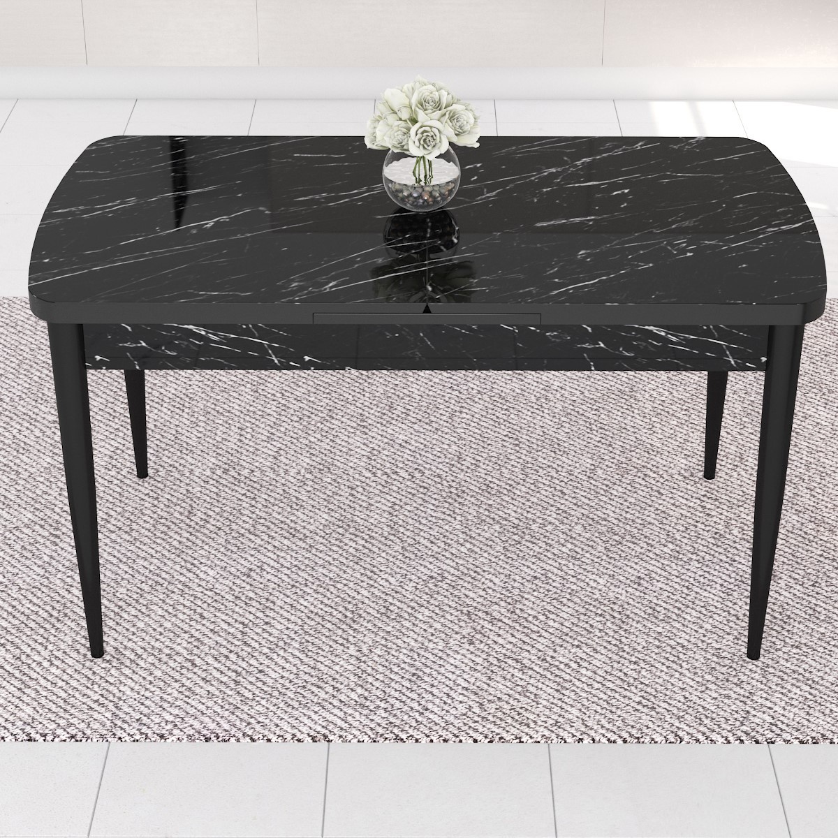Nef Serisi 70x114 Açılabilir Mdf Siyah Mermer Desen Masa Takımı ve 6 Sandalye