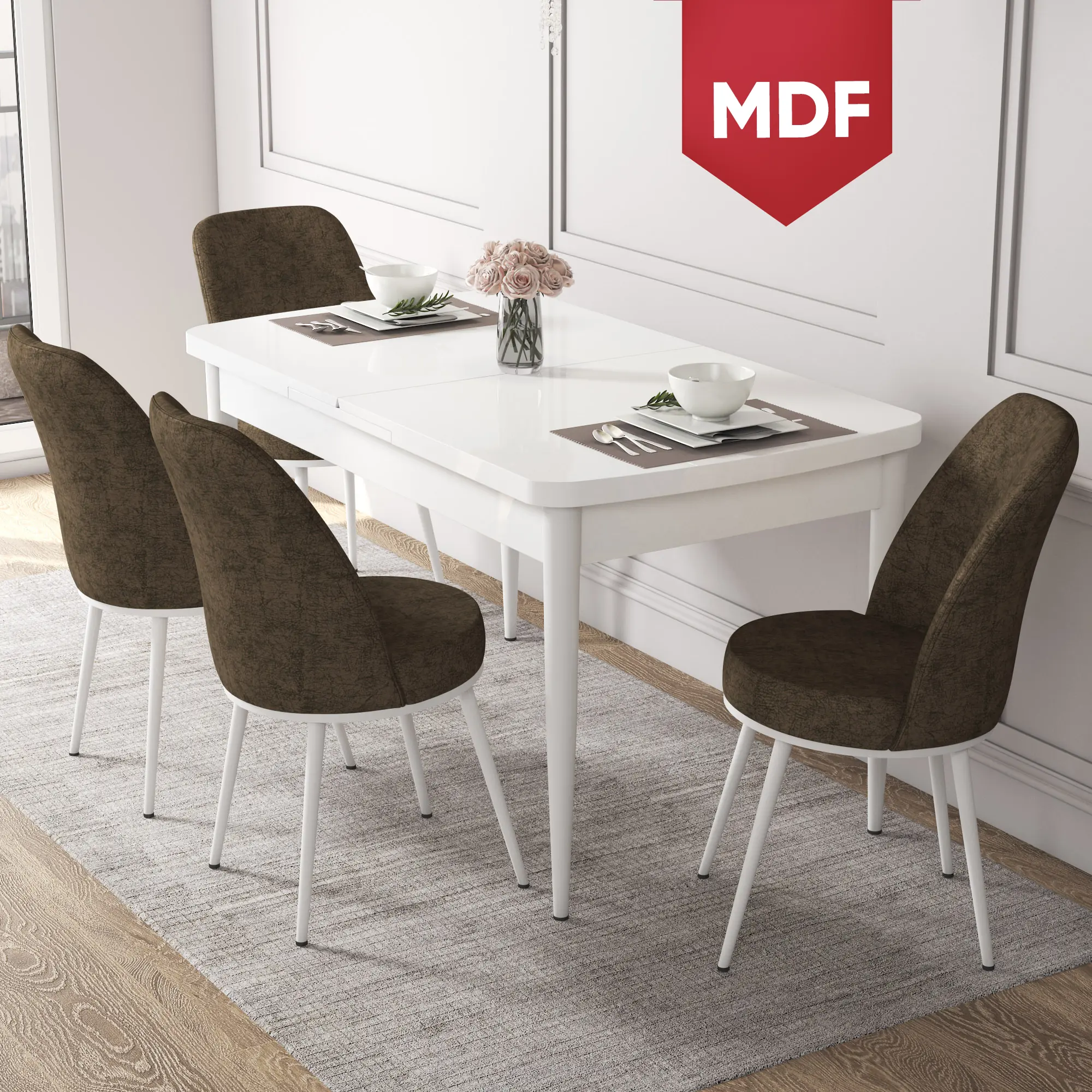 Kor Serisi 70x114 Açılabilir MDF Beyaz Mutfak Masası Takımı ve 4