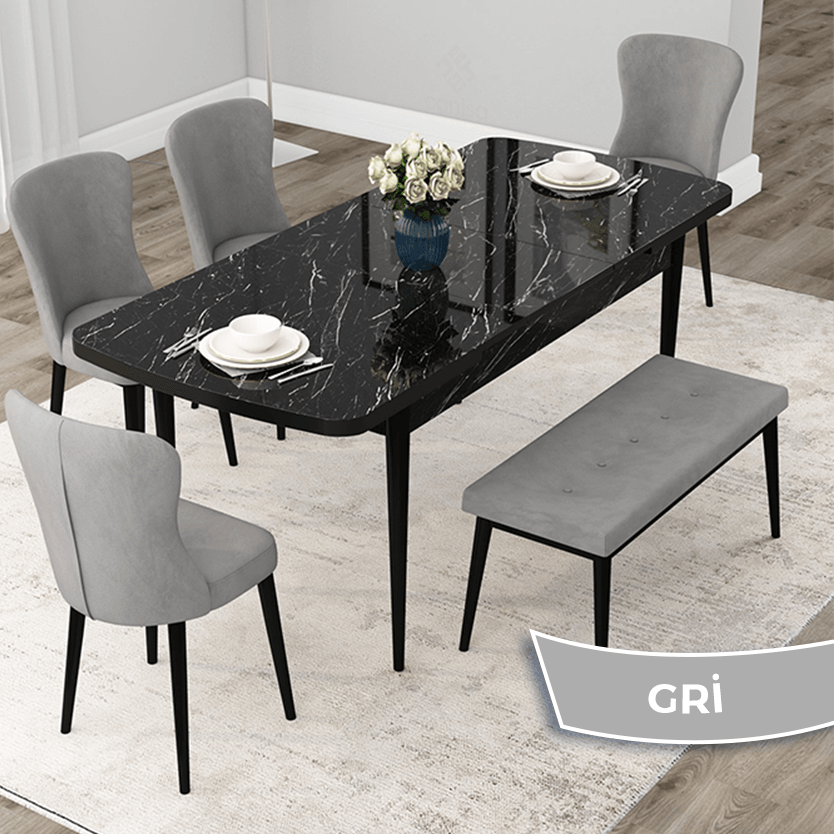 Due Serisi 80x132 Açılabilir Siyah Mermer Desen Masa Takımı 4 Sandalye Ve 1 Bench