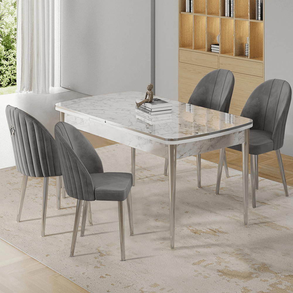 Rada Serisi 80x132 Açılabilir Lak Panel Beyaz Mermer Desen Masa 4 Sandalye Krom Detay