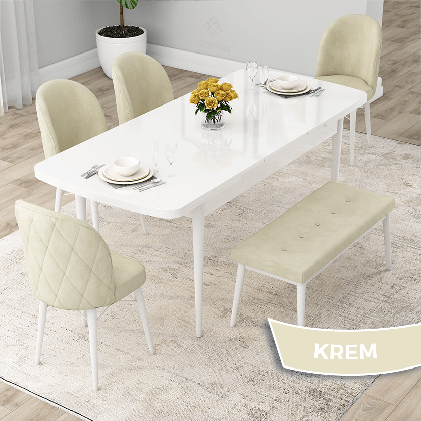 Rut Serisi 80x132 Açılabilir Beyaz Masa Takımı 4 Sandalye Ve 1 Bench