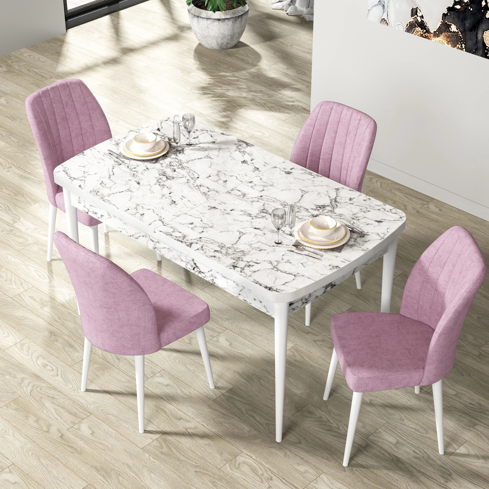 Par Serisi 70x114 Açılabilir Mdf Beyaz Mermer Desen Masa Takımı ve 4 Sandalye