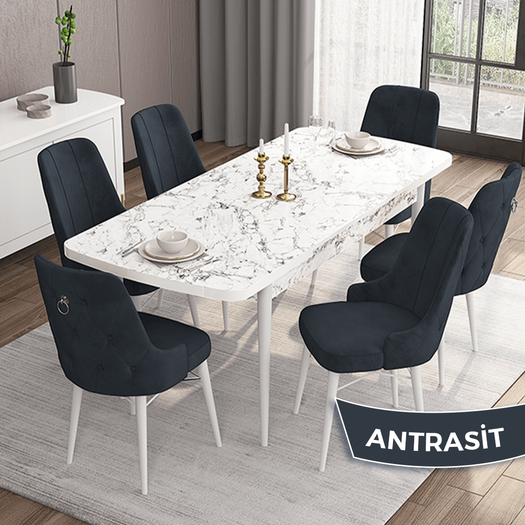 Antrasit Sandalye beyaz Mermer Desen Masaa