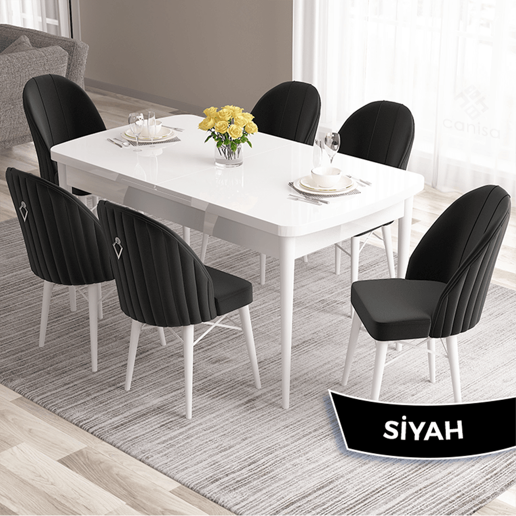 Roz Serisi 80x132 Açılabilir Mdf Gümüş Halka Beyaz Masa Takımı Ve 6 Sandalye