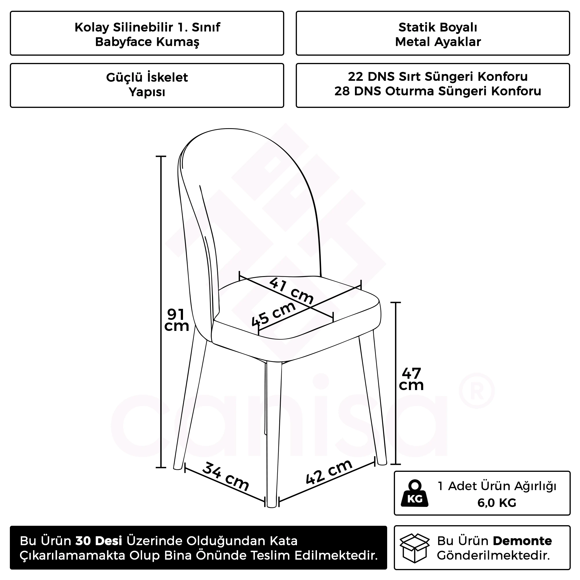 Aste Serisi 6 Adet Mutfak Sandalyesi Babyface Kumaş Beyaz Ayak