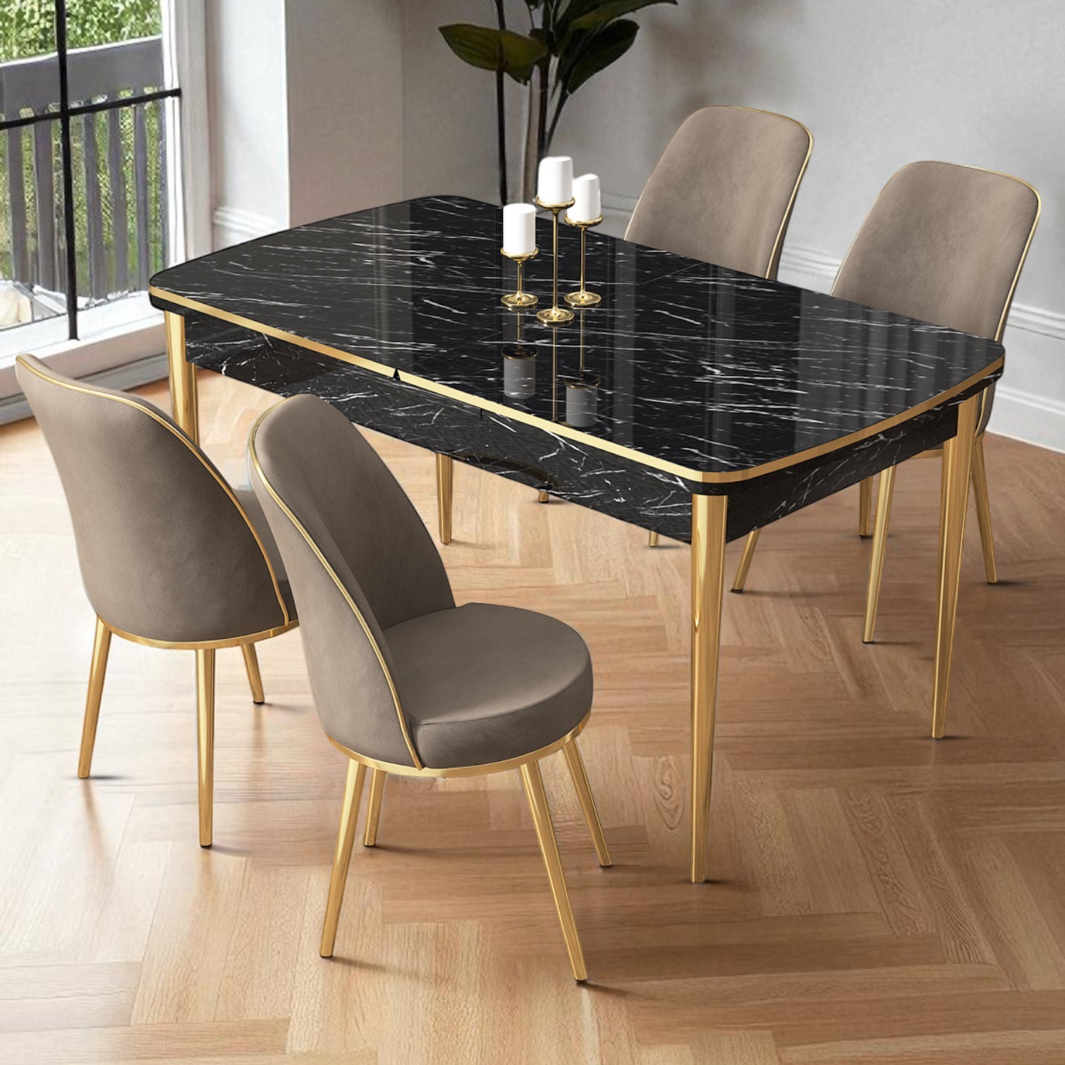 Siyah Mermer Desen Masa Cappucino  Sandalye Gold Detay