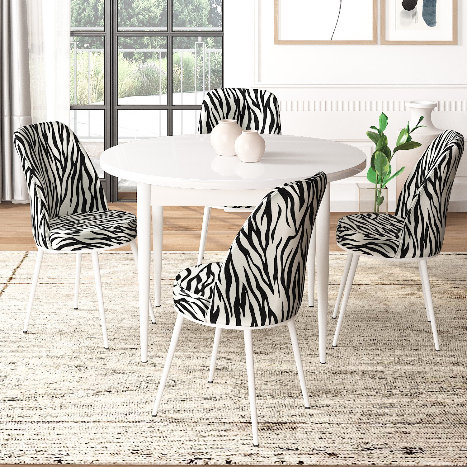 masa beyaz sandalyeler zebra desen