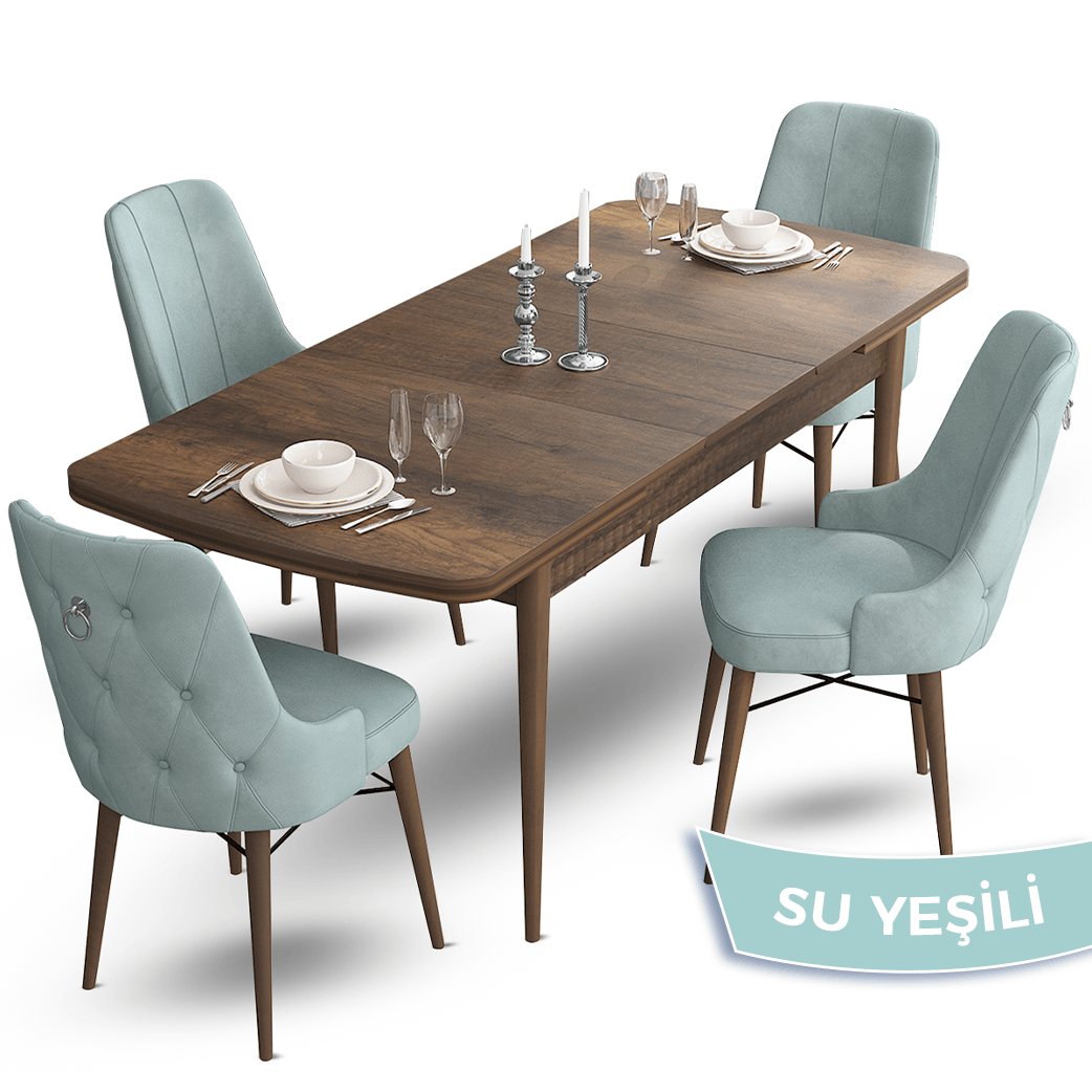 Taç Serisi 80x132 Açılabilir Gümüş Halka Barok Ahşap Desen Masa Takımı ve 4 Sandalye