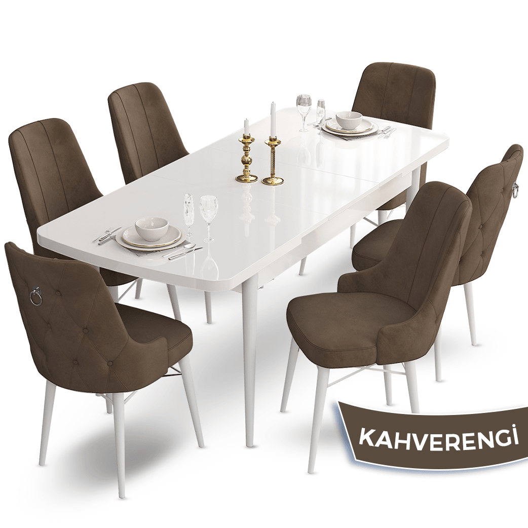 Taç Serisi 80x132 Açılabilir Gümüş Halka Beyaz Masa Takımı ve 6 Sandalye