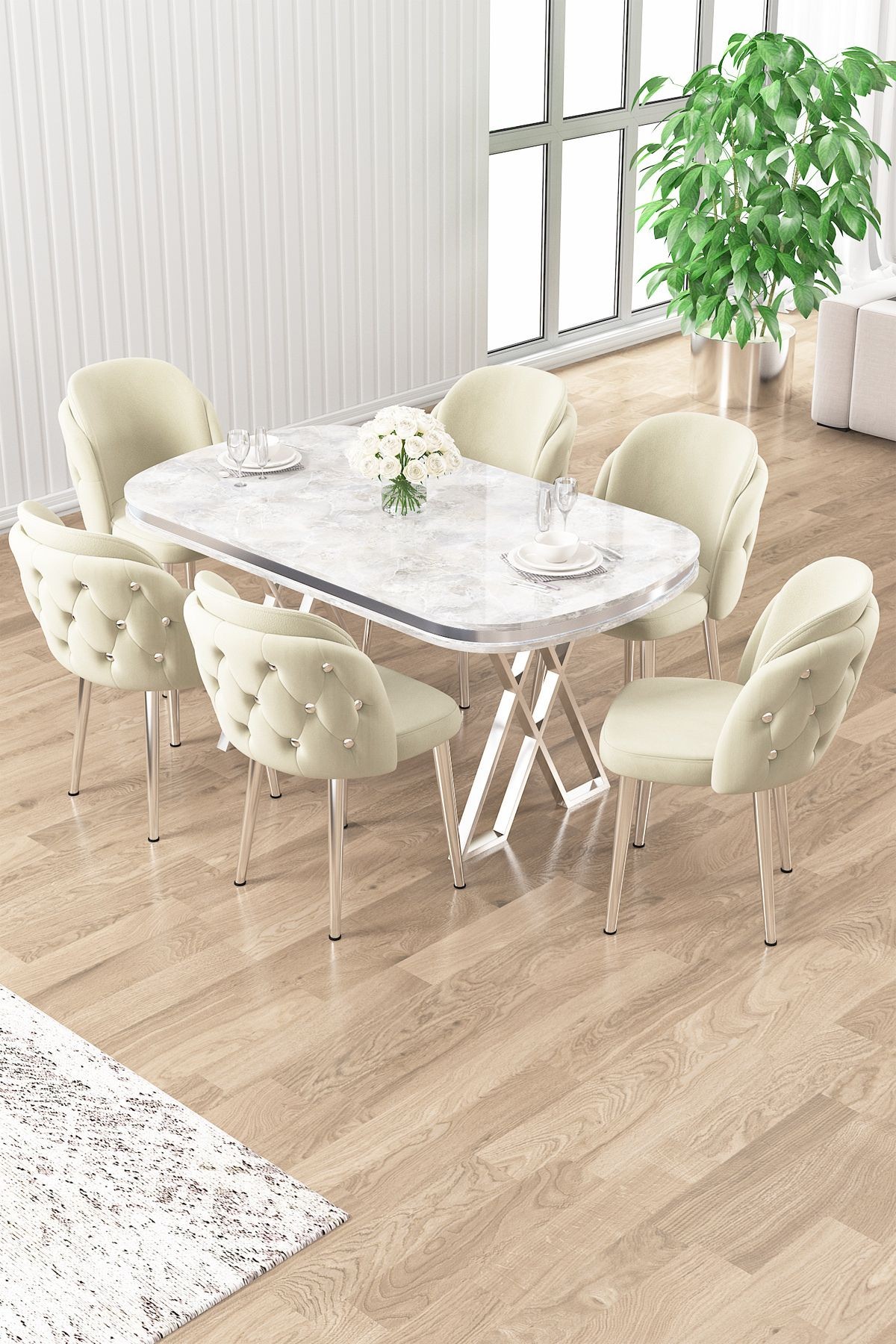 Zae Serisi 90x168 Lak Panel Beyaz Mermer Desen Masa ve 6 Sandalye Krom Kaplama Ayak