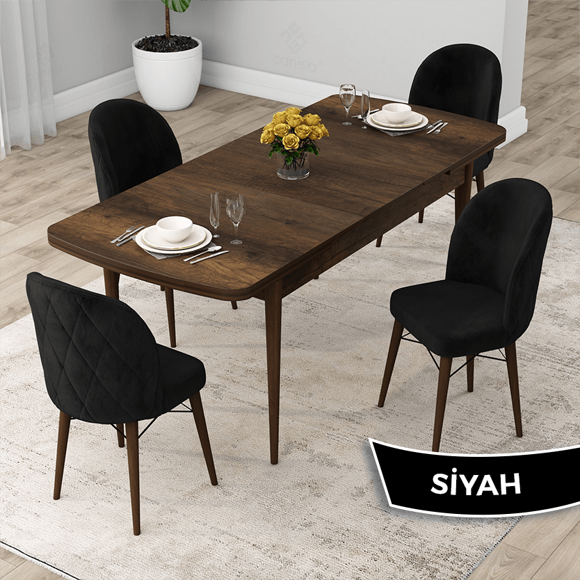 Siyah Sandalye Barok Ahşap Desen Masa